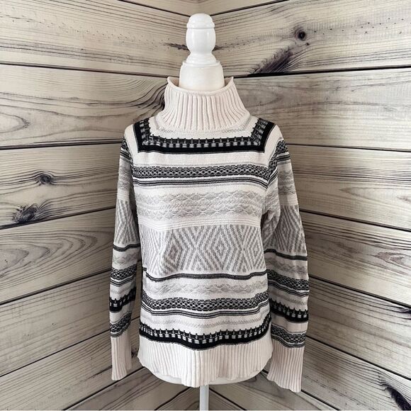 Chaps Ivory & Grey Striped Fair Isle Mock Turtleneck Sweater - Picture 1 of 7